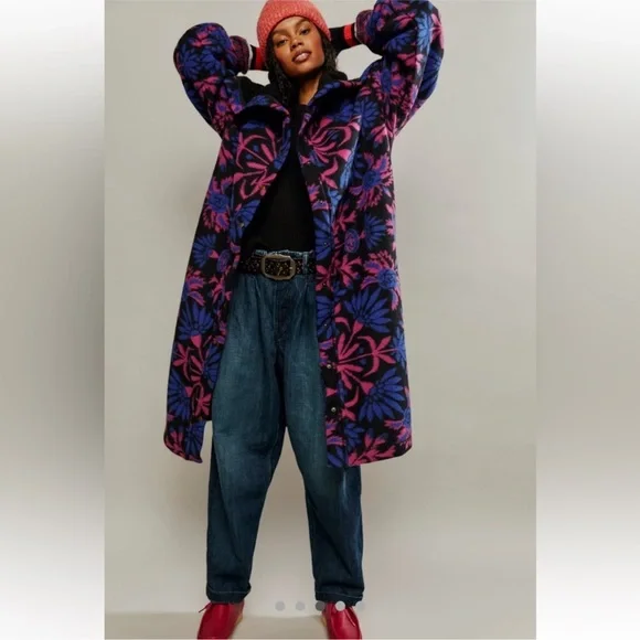 Free People This Love Black and Pink Floral Sherpa lined Coat - Picture 6 of 16